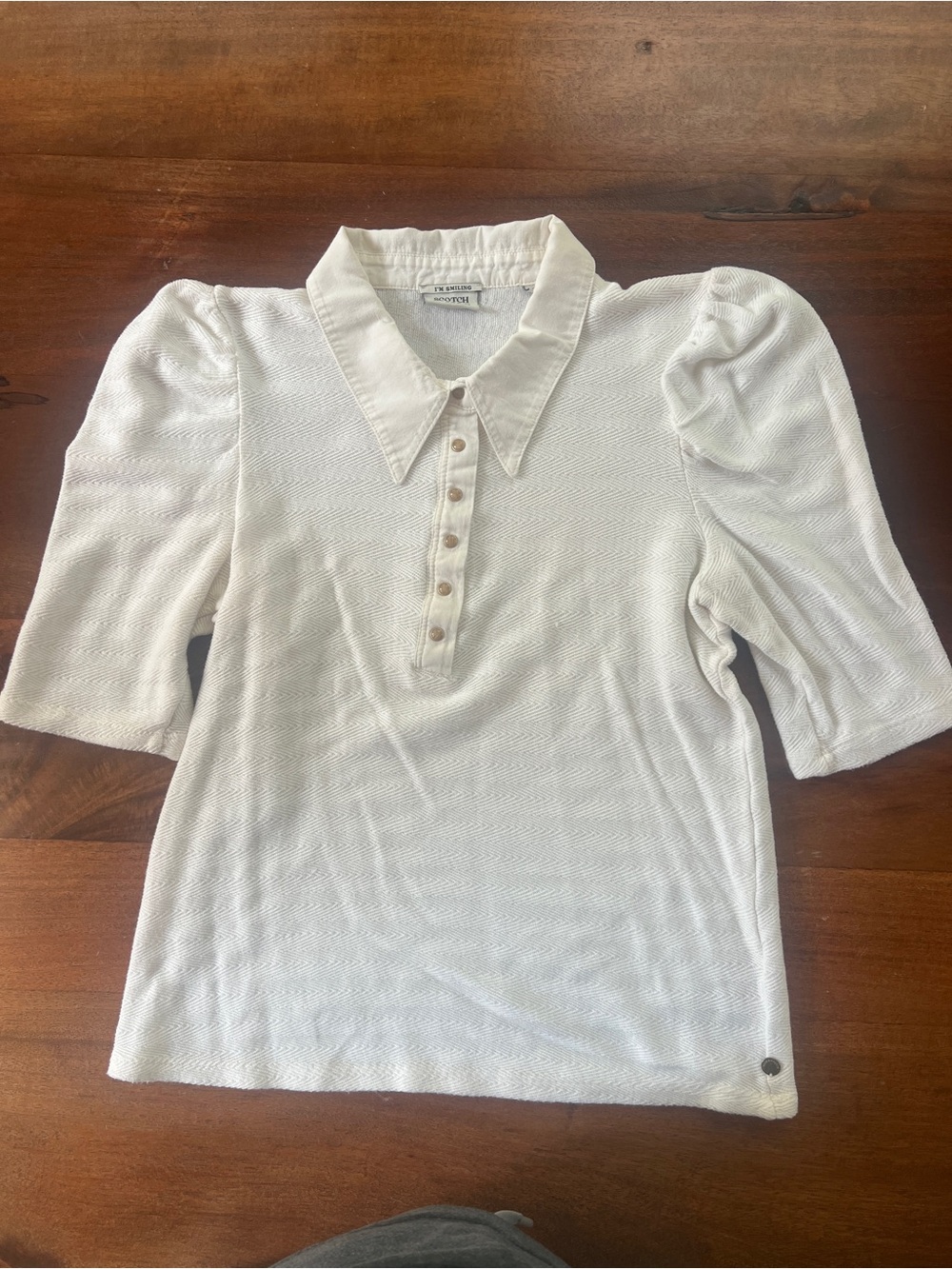 Scotch & Soda Women’s White Collared Button Polo Knit Cotton Puff 3/4 sleeve Med